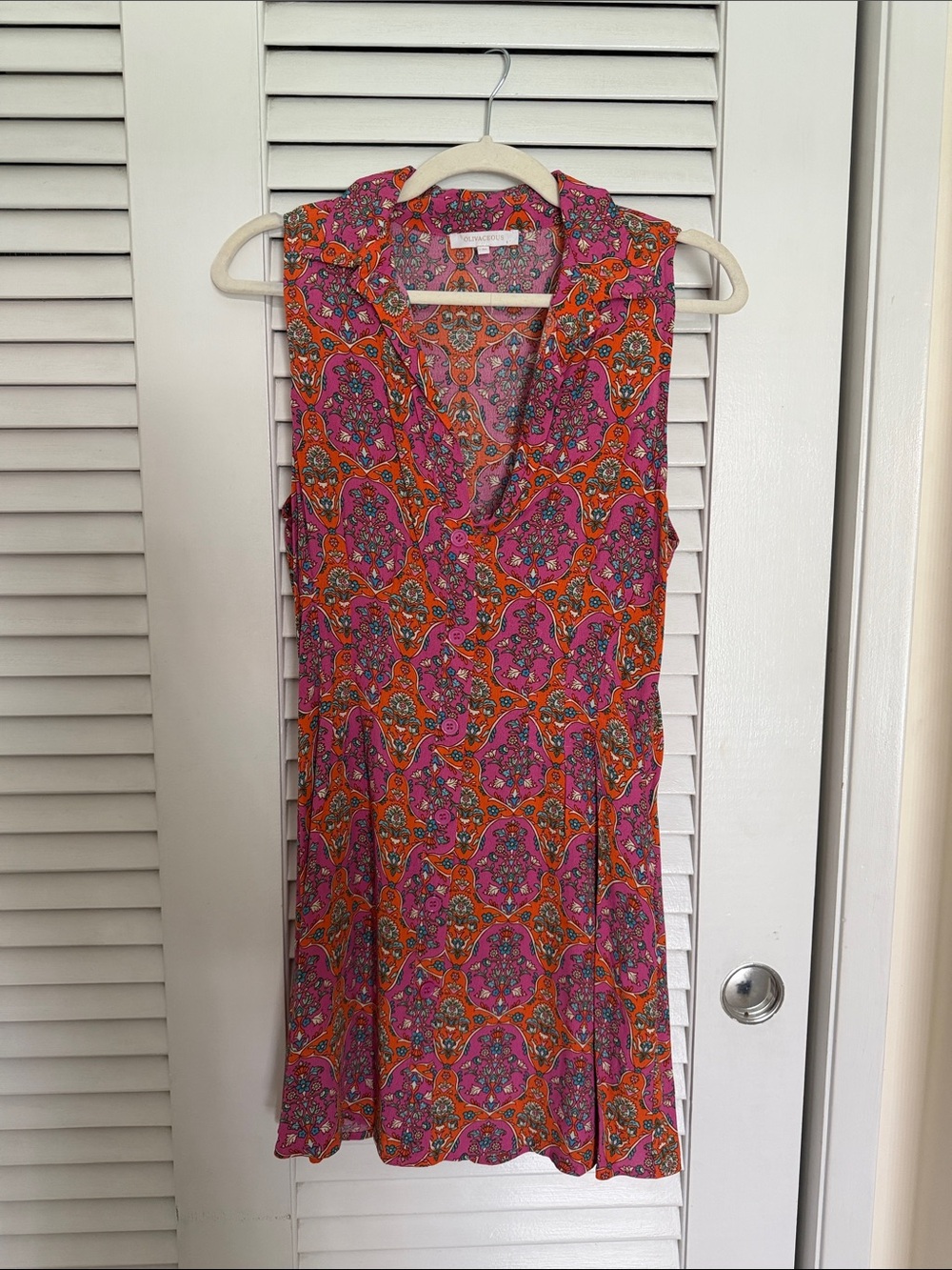 Olivaceous Sleeveless Pink & Orange Printed V-Neck Dress